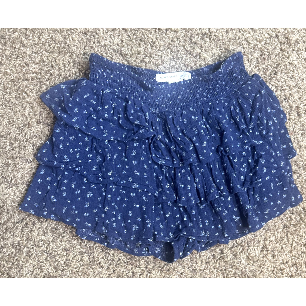 Altar'd State Floral Ruffle Skort Navy Blue Boho Smocked Tiered Mini sz XS